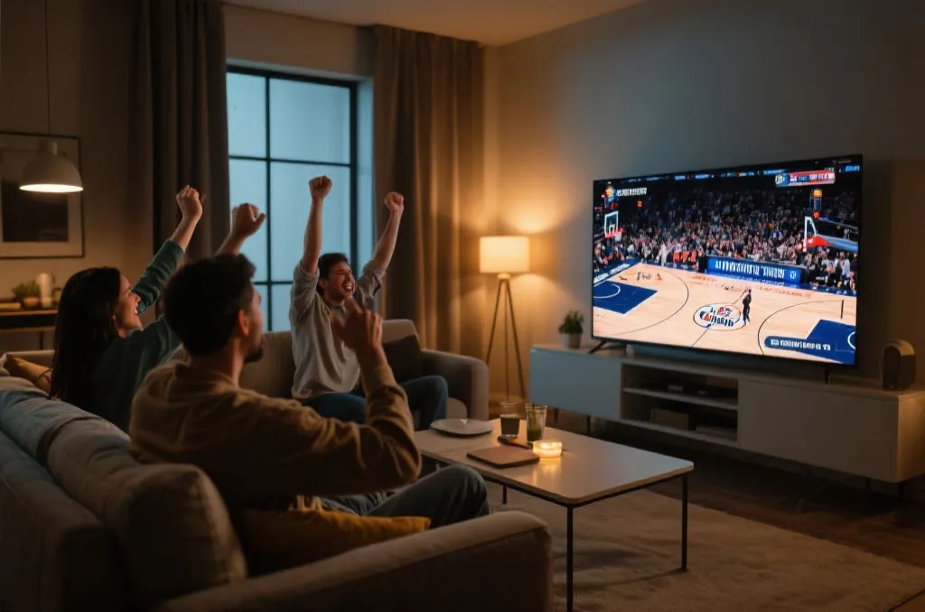 球迷在客厅通过大屏幕智能电视观看NBA总决赛直播
